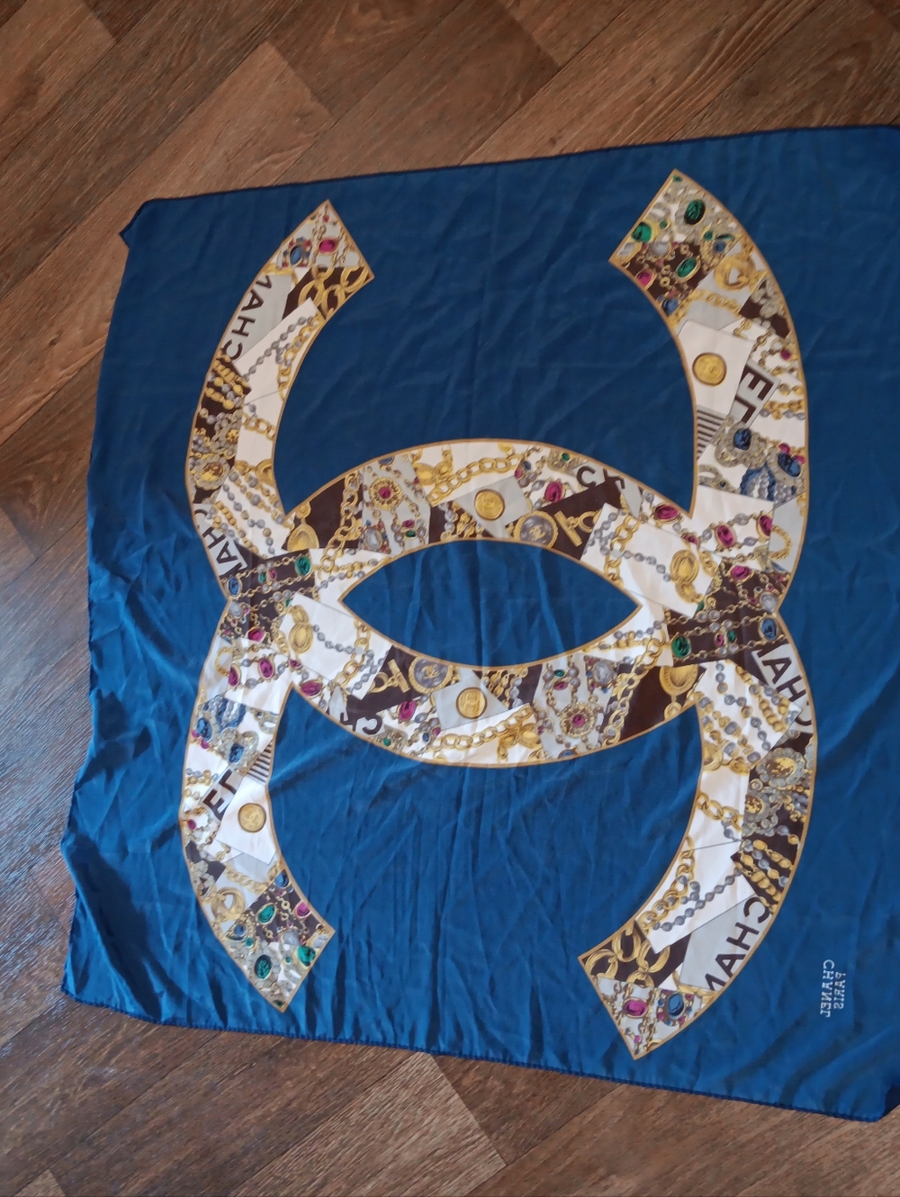 Vintage 90s Chanel Blue Silk Logo Scarf Authentic & Chanel Scarf - Picture 4 of 5